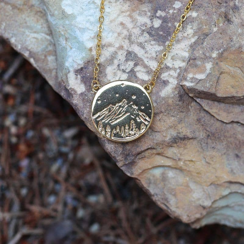 Mountain Scape Stamped Necklace - Gold