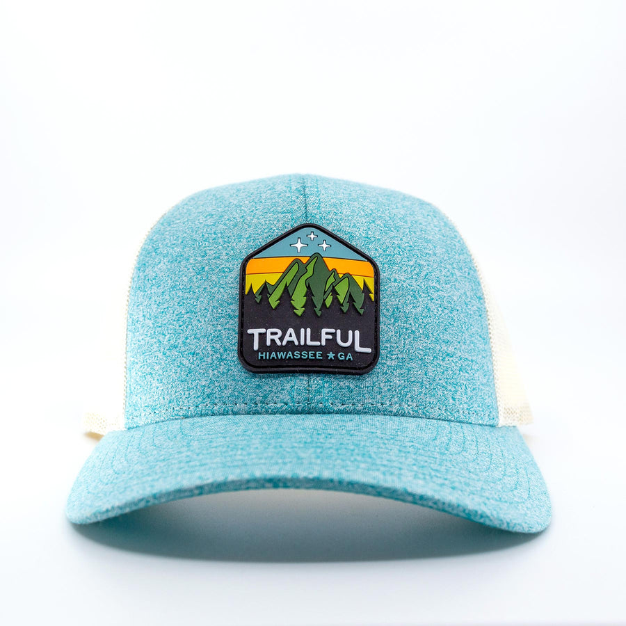 Trailful Sunset Rubber Patch Trucker Hat - Split Green Teal Heather/Birch